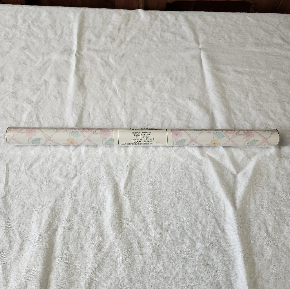 Vintage Pink Ribbon Floral Wrapping Paper 23" x 8' Current "Ribbon Romance" NOS